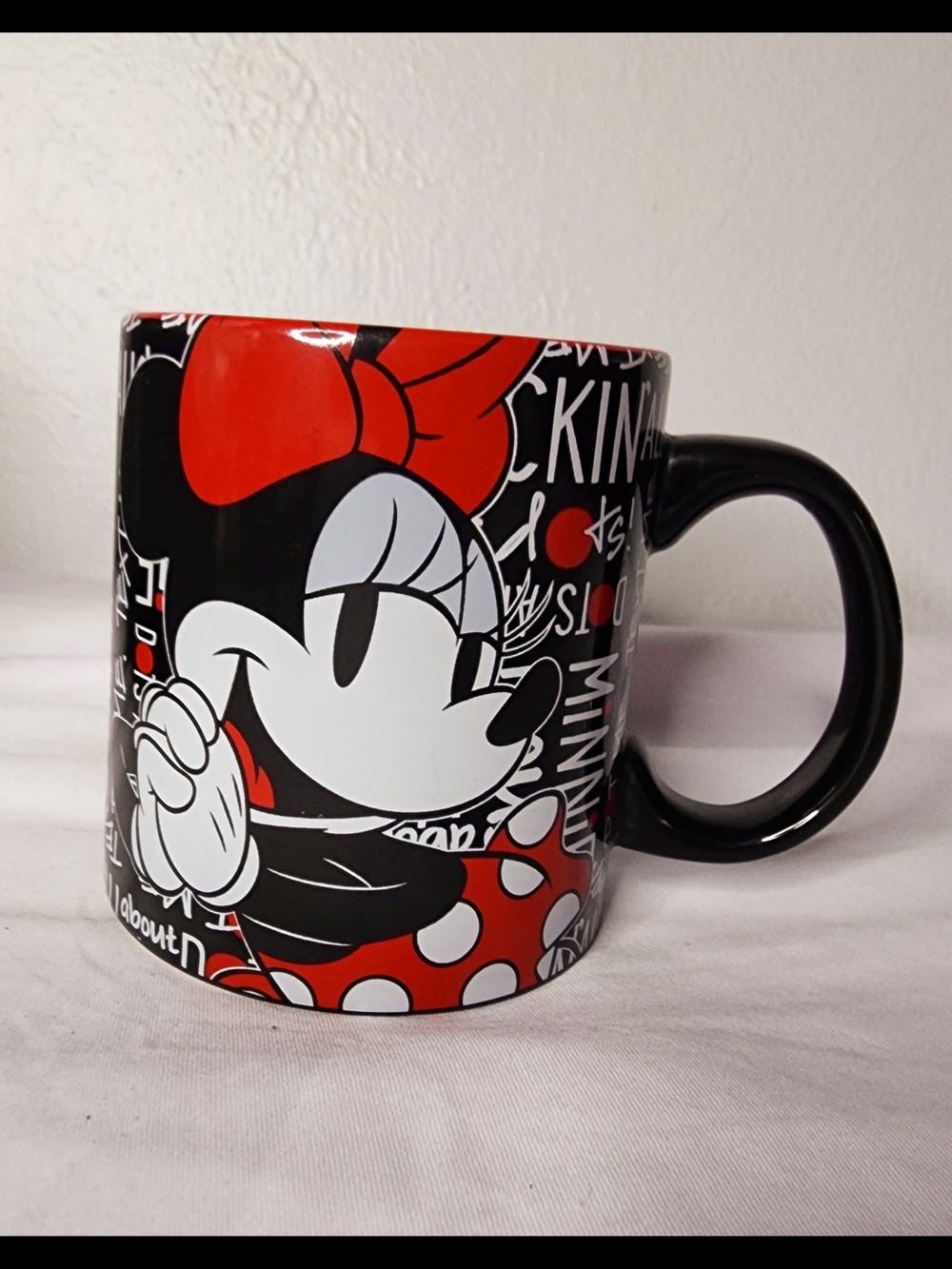 Disney Minnie Mouse Ceramic Mug Black Red Graffiti Rock the Dots Large Cup